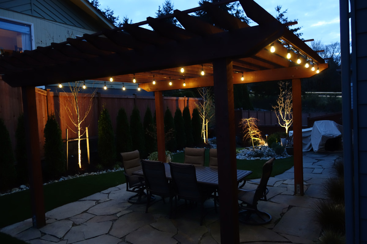 Backyard patio with lighting